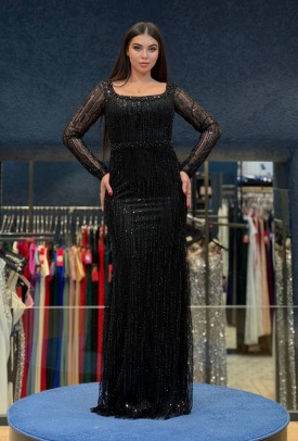 Siyah Payetli Taş İşlemeli Uzun Abiye – Transparan Kollu Şık Gece Elbisesi