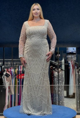 Kadın Krem Payetli Taş Detaylı Uzun Abiye Elbise