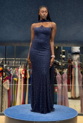 Lacivert İncili Taşlı Kumaş Uzun Abiye Elbise