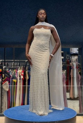 Krem İncili Taşlı Kumaş Uzun Abiye Elbise