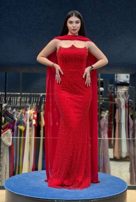 Kırmızı İncili Taşlı Kumaş Uzun Abiye Elbise