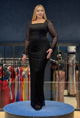 Siyah Uzun Transparan Kollu Taşlı Kumaş Uzun Abiye Elbise 